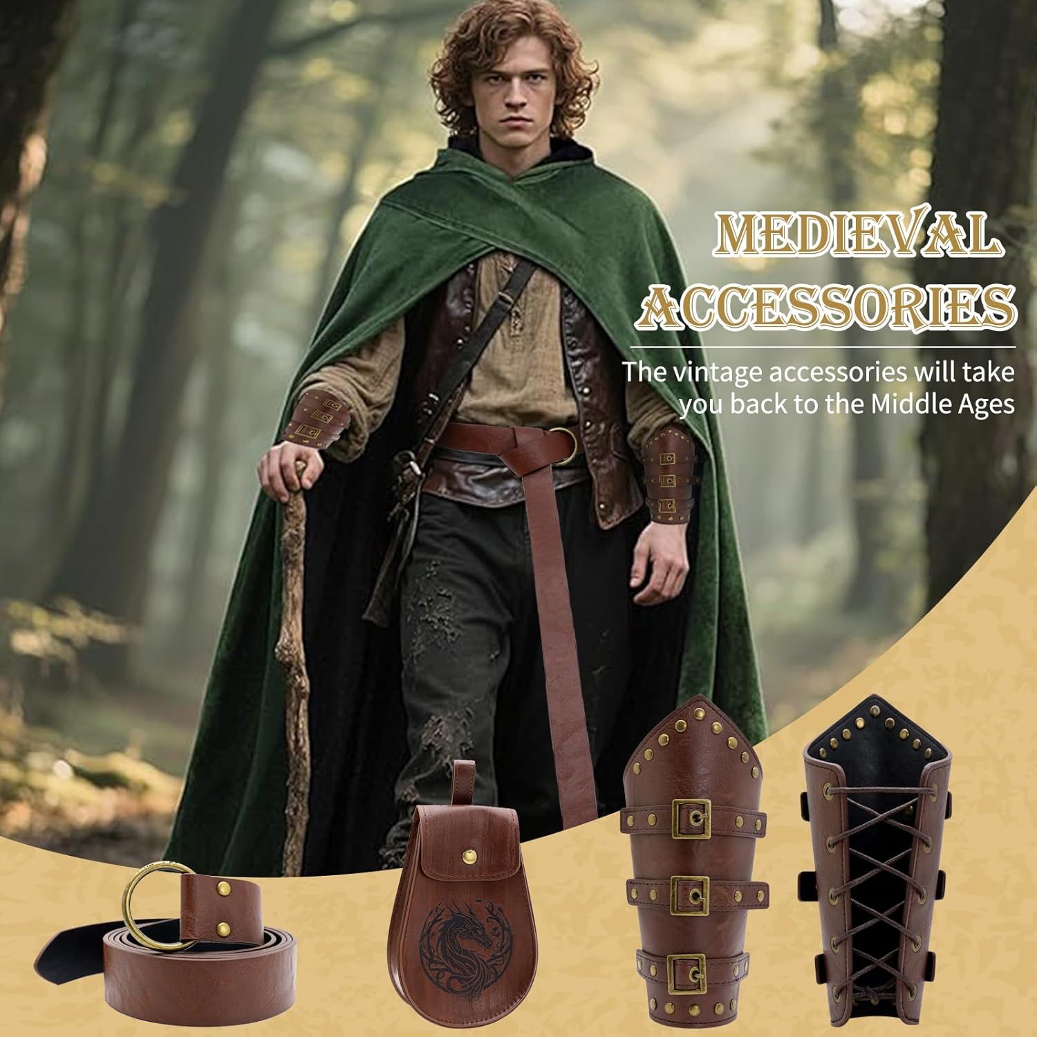 Renaissance Belt, 3 PCS Medieval Accessories Leather Belt Pouch & Leather Bracers for Men & Women Renaissance Fair Halloween Cosplay Accessories Brown - Image 4