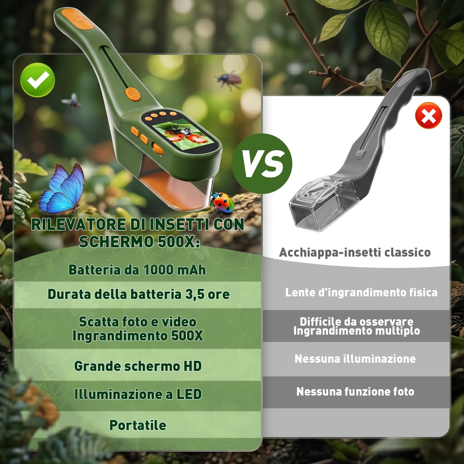 Kit Insetti per Bambini con 500X Schermo, Scatta Foto e Video | Cattura Insetti Kit Esploratore, Lente Ingrandimento con Pinzette, Raccoglitore Insetti, per l'esplorazione Della Bambini