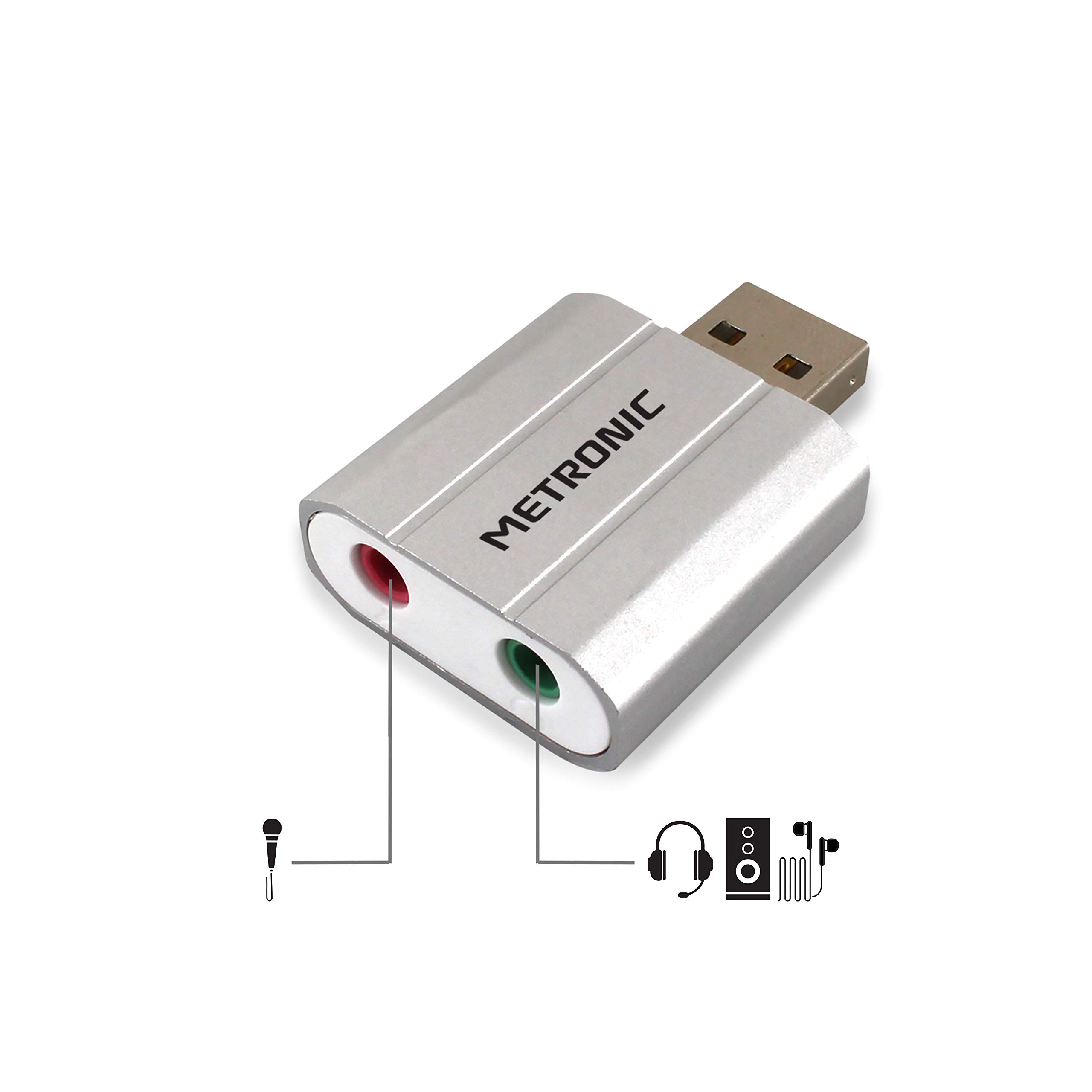 Metronic 460092 adapter USB 2.0 Stereo Audio zewnętrzny Plug & Play na jack 3,5 mm, kompatybilny z Windows i Mac