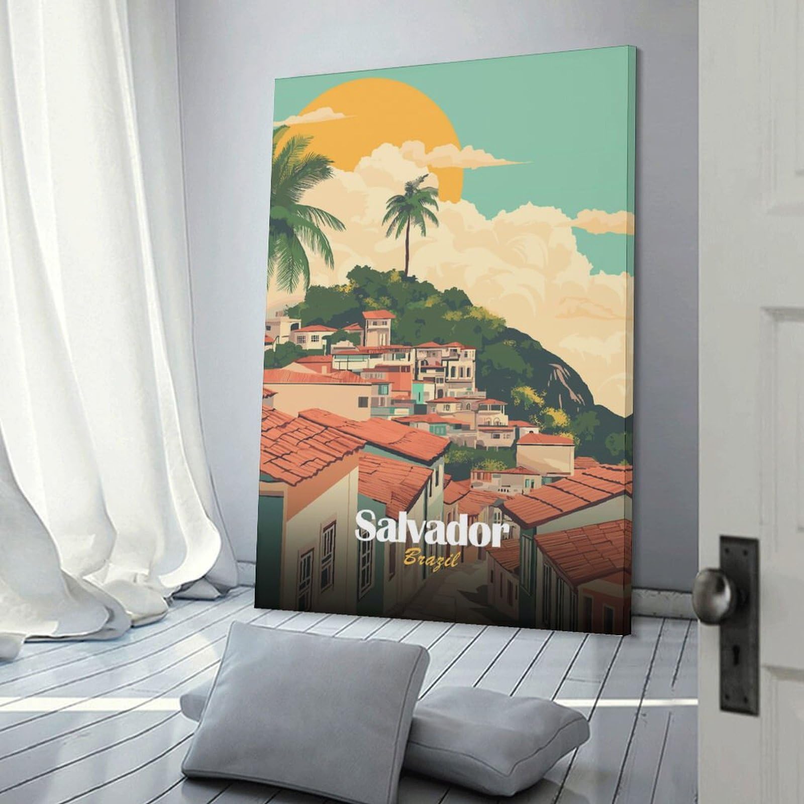 Junmoney Canvas Wall Art Salvador, Brazil Cityscape Illustration, 24x36inch(60x90cm), for Living Room, Lounge Or Sitting Room, Canvas Styling for A Polished Room Look