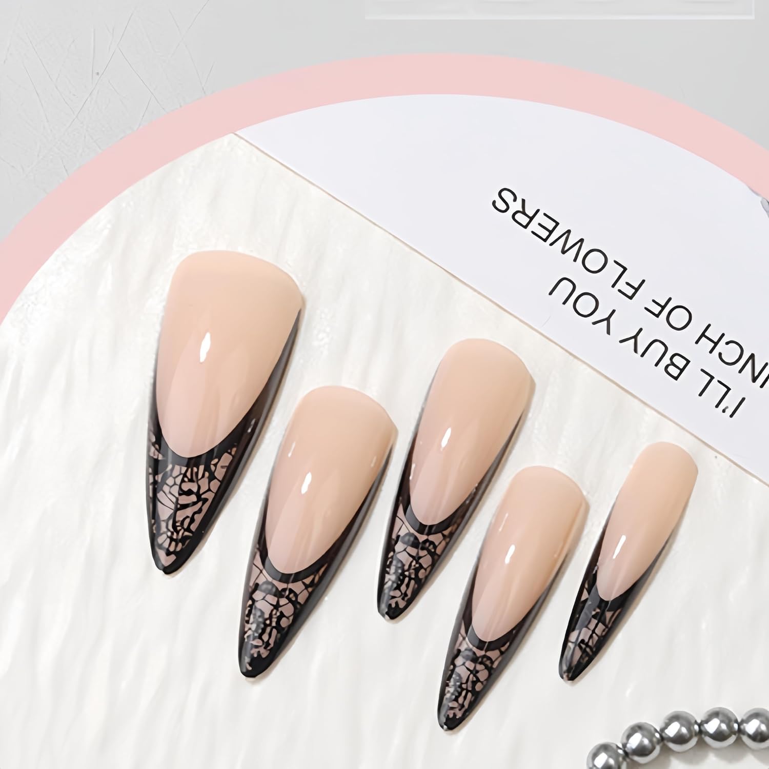 24Pcs Black French Tip Lace Press on Nails Stiletto Almond Fake Nails French Tip Nails Press ons Black Lace Y2k Goth Glossy Coquette Aesthetic Glue on Nails Easy Apply Stick on Nail for Women Manicure