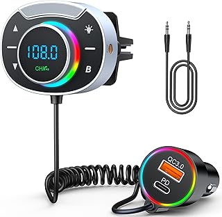 WOCBUY FM Transmitter for Car Bluetooth 5.3, Cigarette Lighter AUX Bluetooth Car Adapter, [QC3.0 & PD30W] Car Charger, Air Vent Installation, Hands-Free Calling & Bass Booster, Colorful-Breath Light