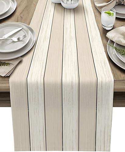 Miniatura 179 de Camino de mesa de algodón y lino estilo granja rústico retro, textura de madera de granero, color degradado marrón y gris, antideslizante,