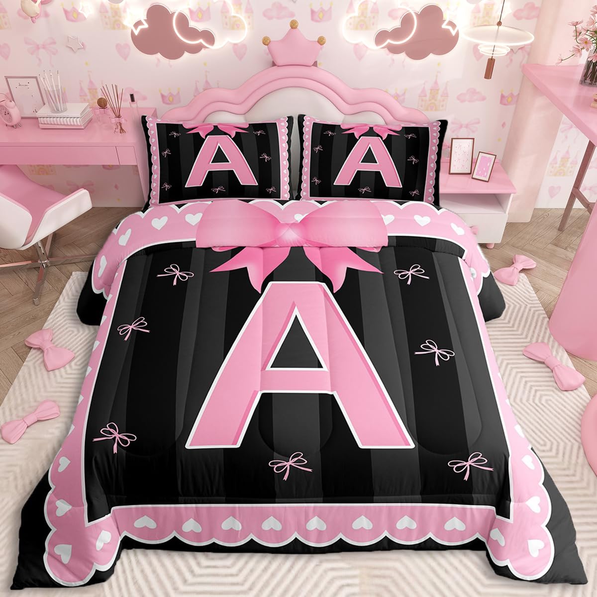 jejeloiu Kinder-Bettwäsche-Set mit rosa Schleife, personalisierbarer Buchstabe A, ultraweiche Steppdecke, Schmetterlingsknoten, Prinzessinnen-Bettdecke, Initialbuchstabe A, Schlafzimmer-Dekor