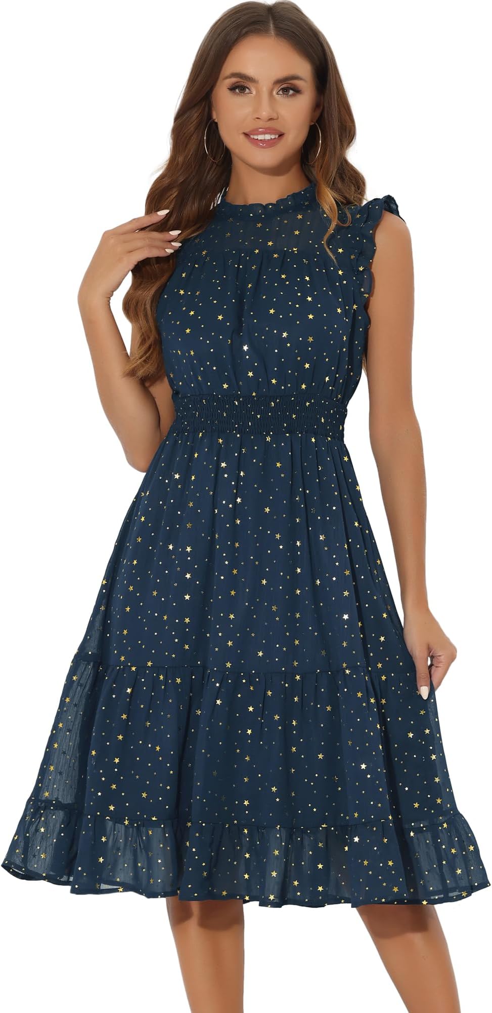Casual Chiffon Midi Dress for Women Sleeveless Smocked Waist Gilding Metallic Stars Party Dresses