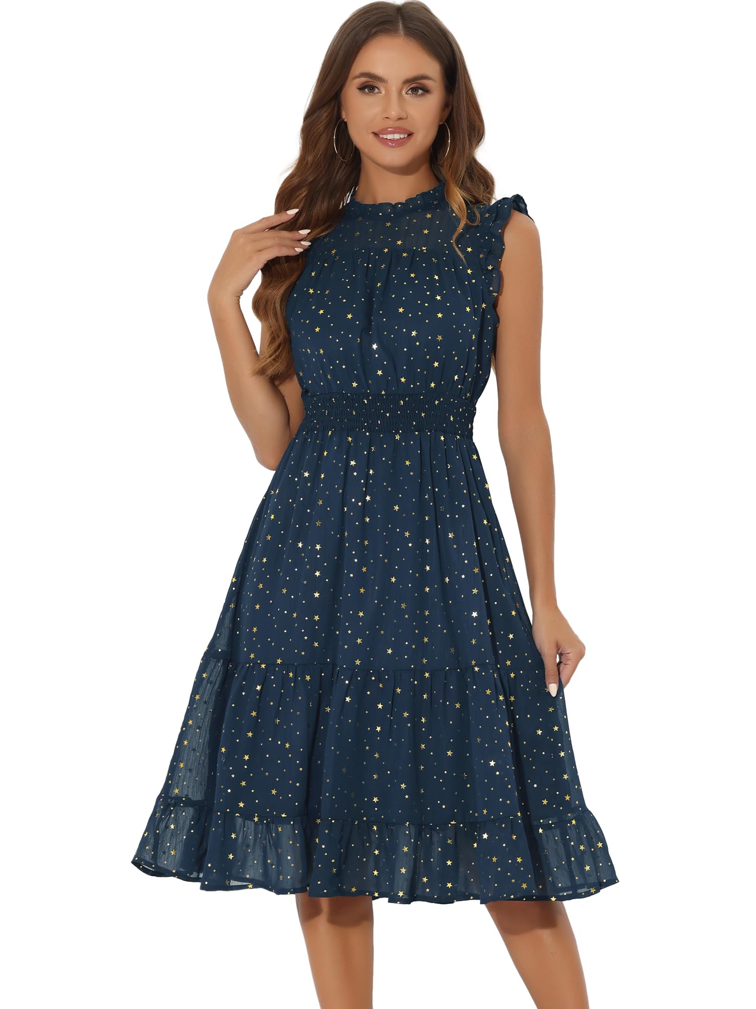 Casual Chiffon Midi Dress for Women Sleeveless Smocked Waist Gilding Metallic Stars Party Dresses