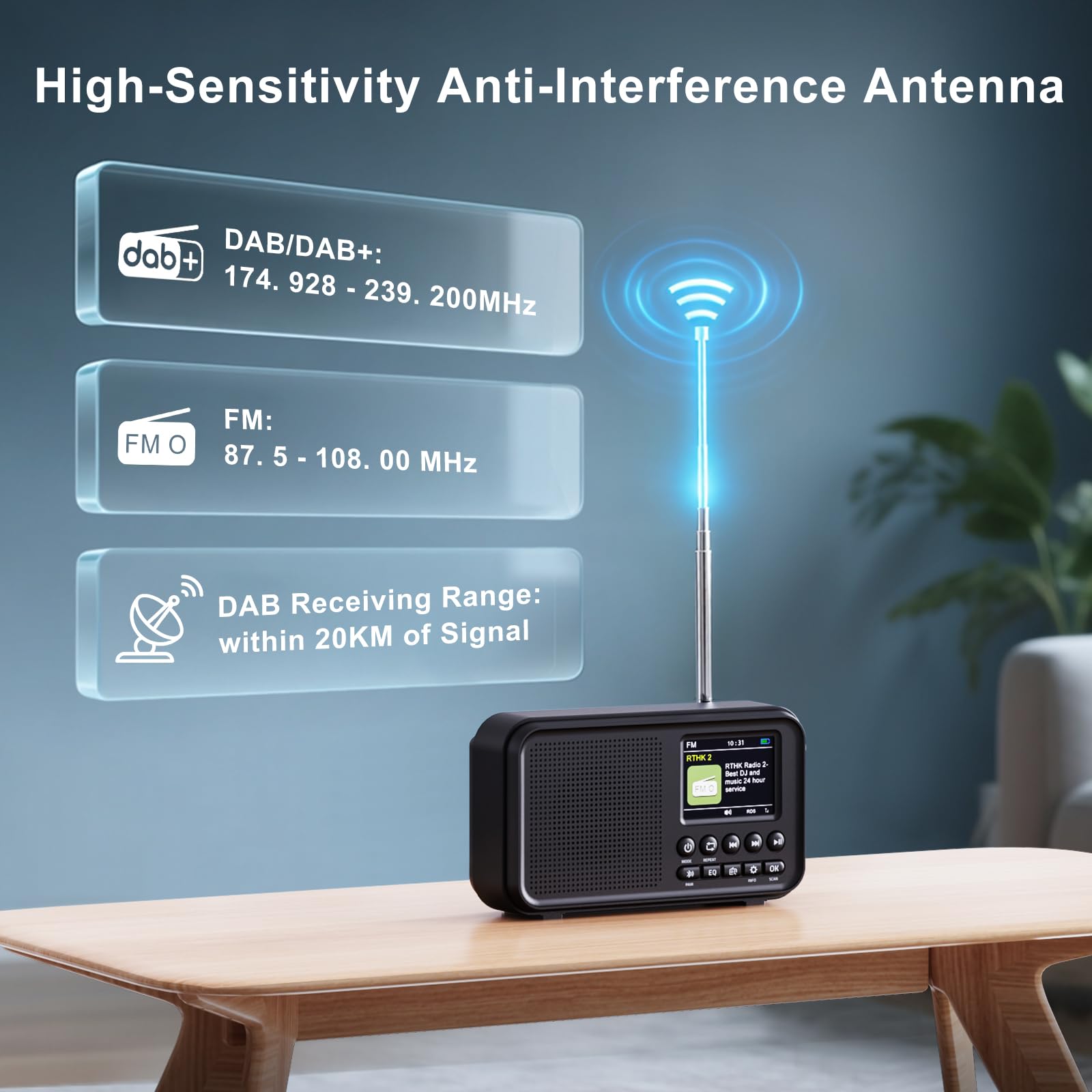 Tragbares DAB/DAB+ Radio, UKW Digitalradio mit 3000-mAh Akku, wiederaufladbares FM Radio mit Bluetooth 5.0, EQ-Modi, 80 Speicherplätze, 2,4-Zoll Farbdisplay, Sleep-Timer, 3,5-mm-AUX Anschluss