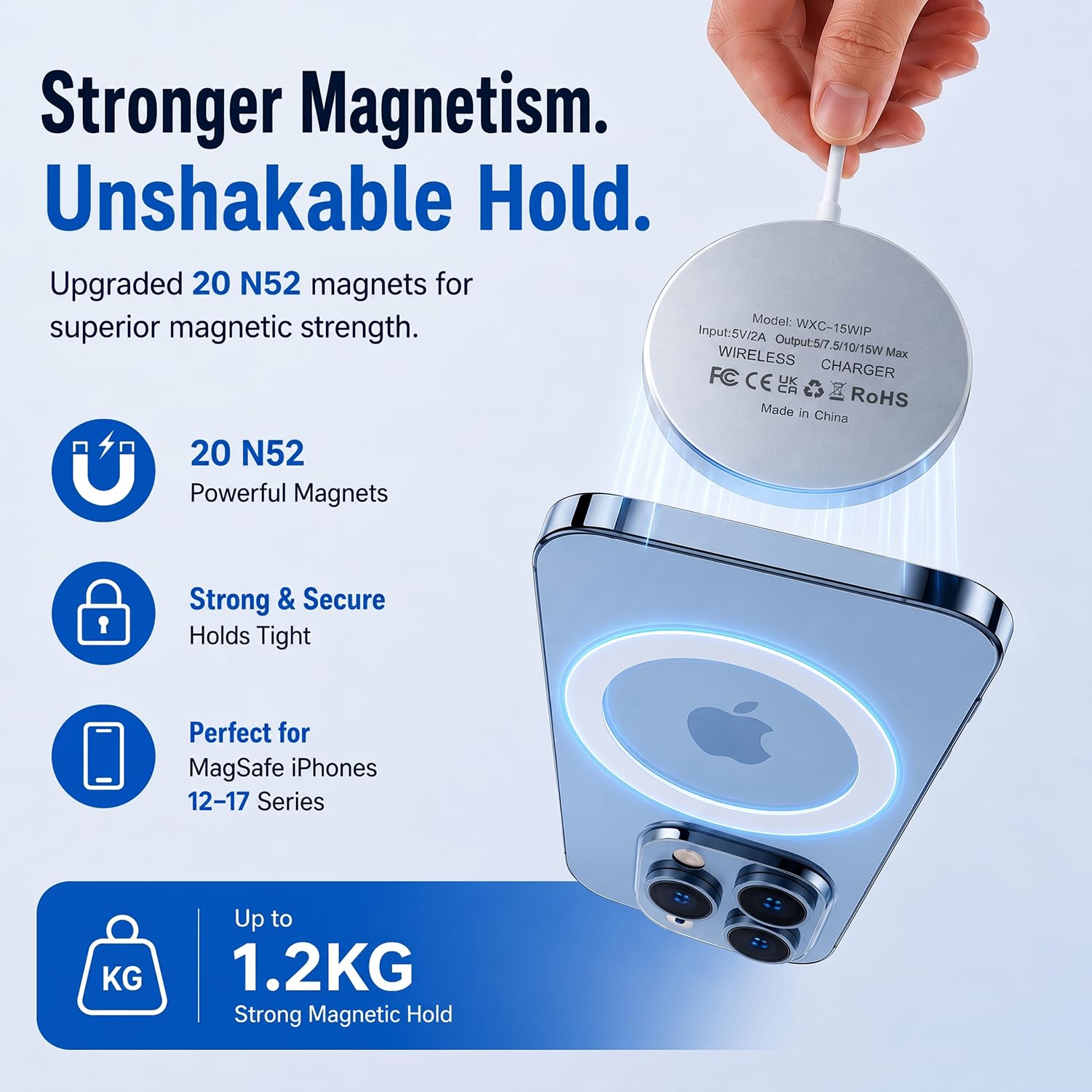 15W Magnetyczna Ładowarka Bezprzewodowa do iPhone 17 Pro Max/17 Pro/Air/17/16/15/14/13/12/AirPods 4 3, Szybkie Ładowanie Mag-Safe Charger do iPhone, Podkładka Ładująca z Podwójnymi Portami USB A&C