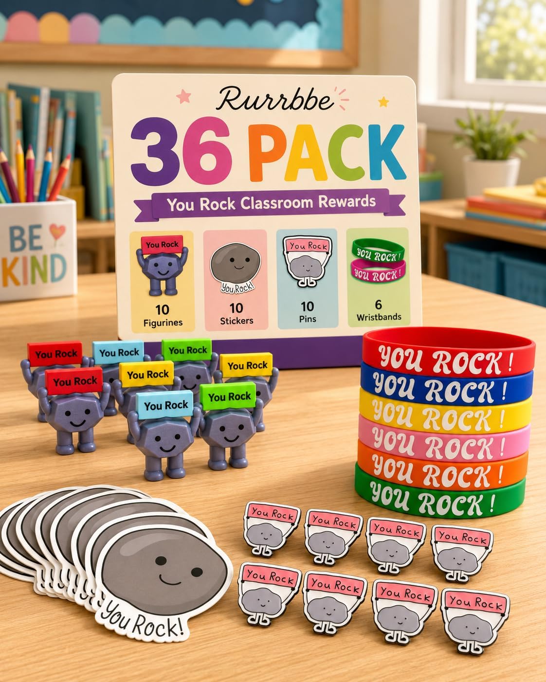 Classroom Prizes ElementaryYou Rock 36 Pack Mixed Reward Set, Pins Stickers Wristbands & Rock Ornaments for Prize Box Toys for Kids Classroom, Teacher Student Incentives