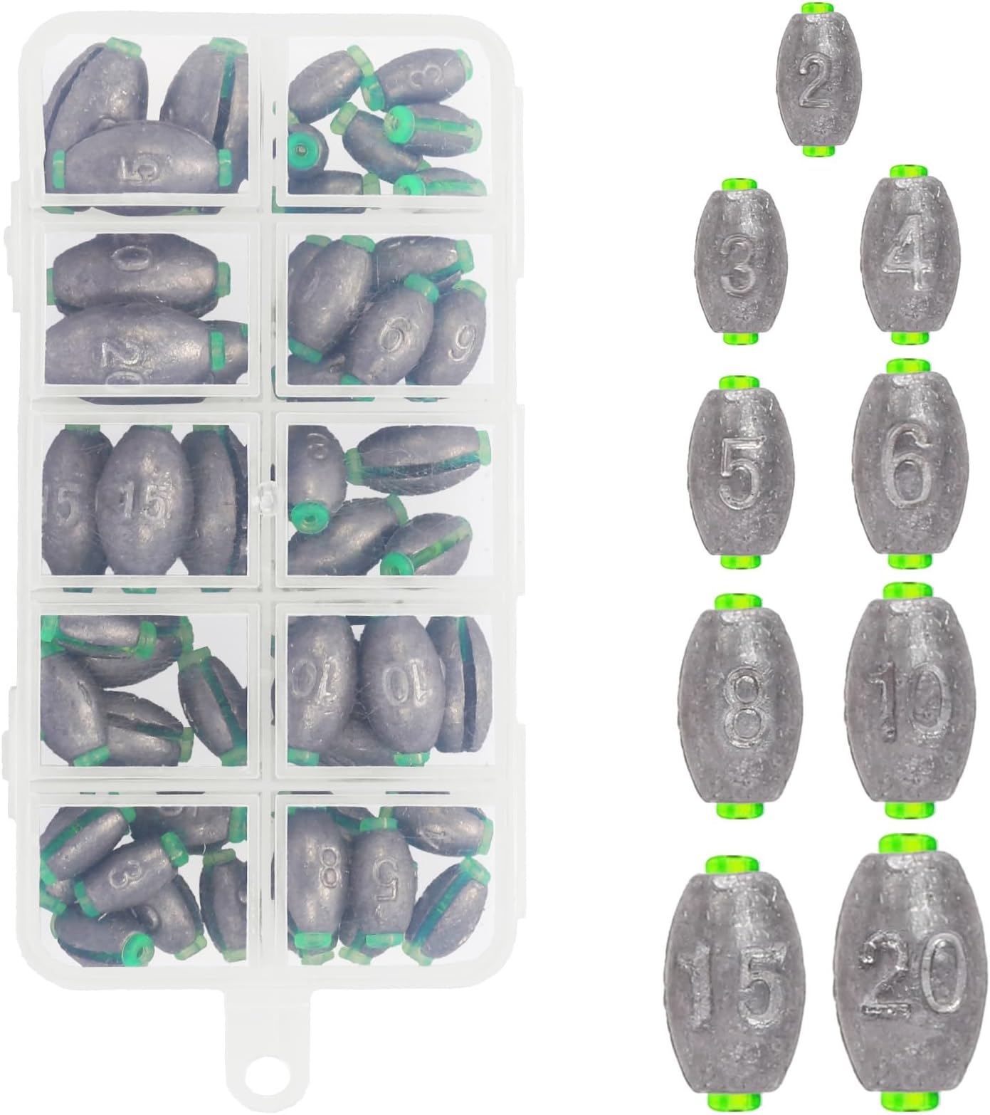 DUSPIRO 50 Pcs Sea Fishing Weights with Plastic Core Mixed 9 Sizes Drop Shot Weights 2g 3g 4g 5g 6g 8g 10g 15g 20g Fishing Sinkers Carp Fishing Weights Tackle for Saltwater Freshwater