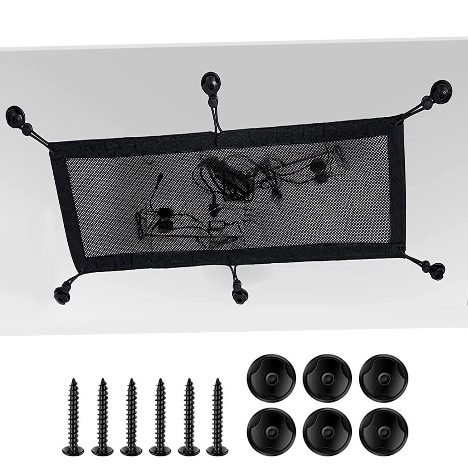 Zurligi Under Desk Cable Management Net, 64 x 25 CM Cable Net Desk for Cable Management, 1 Desk Cord Organizer +6 Hooks +6 Screws, Invisible Storage for Hiding Cables for Home Office