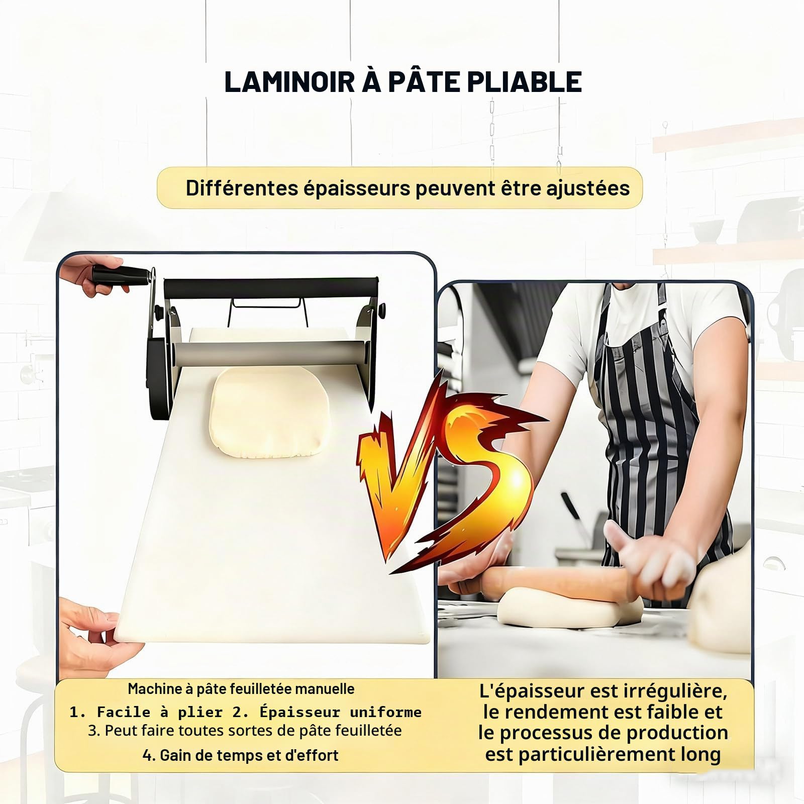 Laminoir à pâte à Croissants, laminoir à pâte Professionnel, épaisseur de la Machine à pâte réglable, Acier Inoxydable, laminoir à pâte à Pizza fondante pour Croissants de Table A