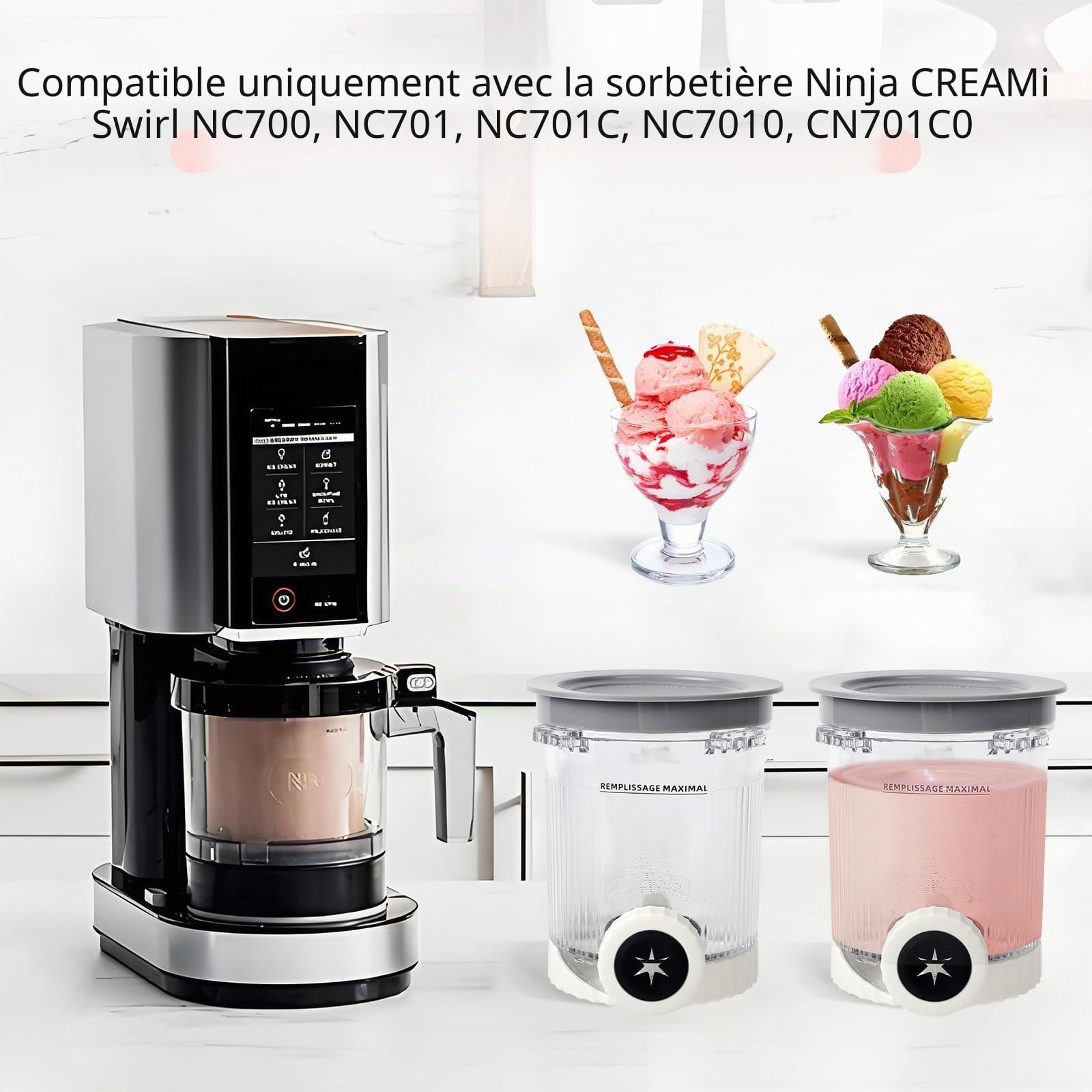 BestYiJo Gobelet et couvercle de rechange compatibles avec les machines à glace et à glace à glace Ninja Creami Swirl NC701 Série NC700 - Récipient à gobelet de 16 oz, sans BPA et passe au