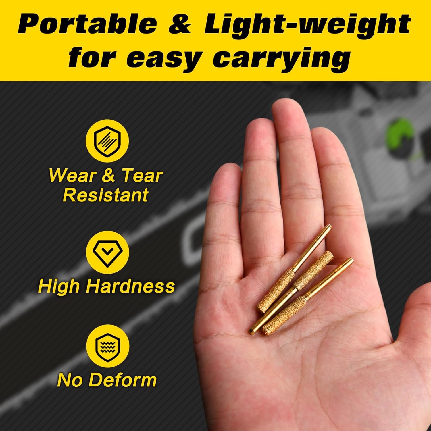 8 Pcs High Hardness Diamond Chainsaw Sharpener Bit 5/32" 4mm Titanium Plated Burr Stone File Polishing Tool with 1/8" Shank Burr Grinding Stone File for Chain Saw Wood Jewelry Stone, Golden