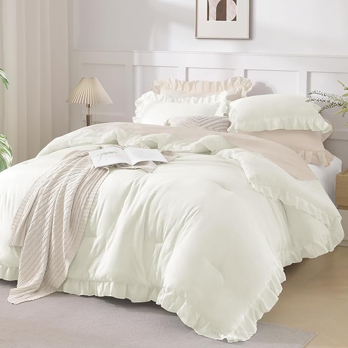 Andency Ivory King Size Comforter Set, 3 Pieces Solid Farmhouse Shabby Chic Bedding Comforters & Sets, All Season Western Rustic Soft Down Alternative Bed Set for Adult Men Women