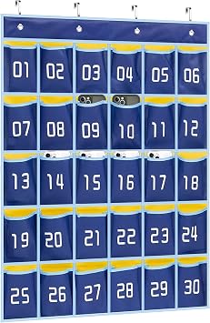 MISSLO Classroom Cell Phone Calculator Holder Numbered 30 Pockets Chart Hanging Wall Door Storage Organizer Blue