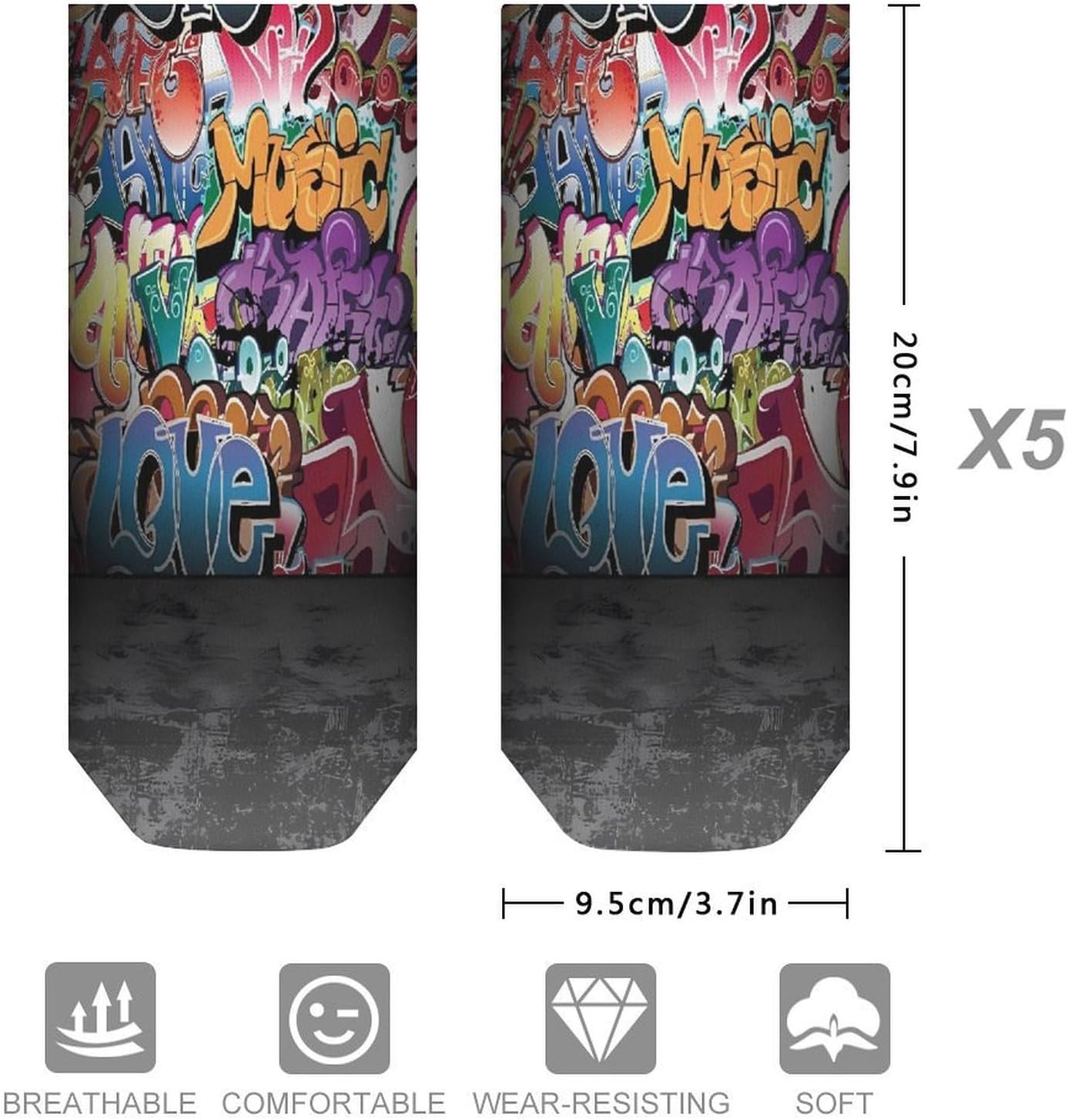 Graffiti Hip Hop Ankle Socks for Men Women 5 Pairs