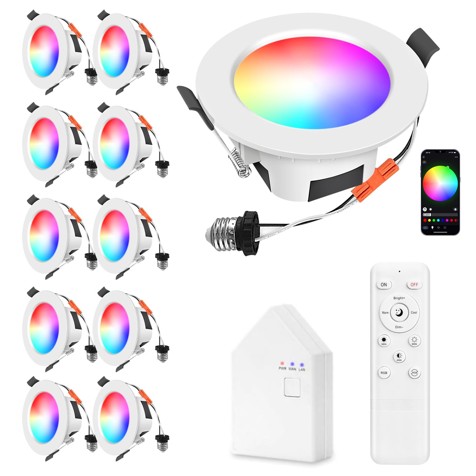 Smart Recessed Lighting 4 inch, Light Fixtures Ceiling Mount, Led Ceiling Lights for Bedroom, Living Room, RGB Color Changing, 9W, 1000LM, 2700-6500K Dimmable, Can Lights with Remote, Smart Bridge