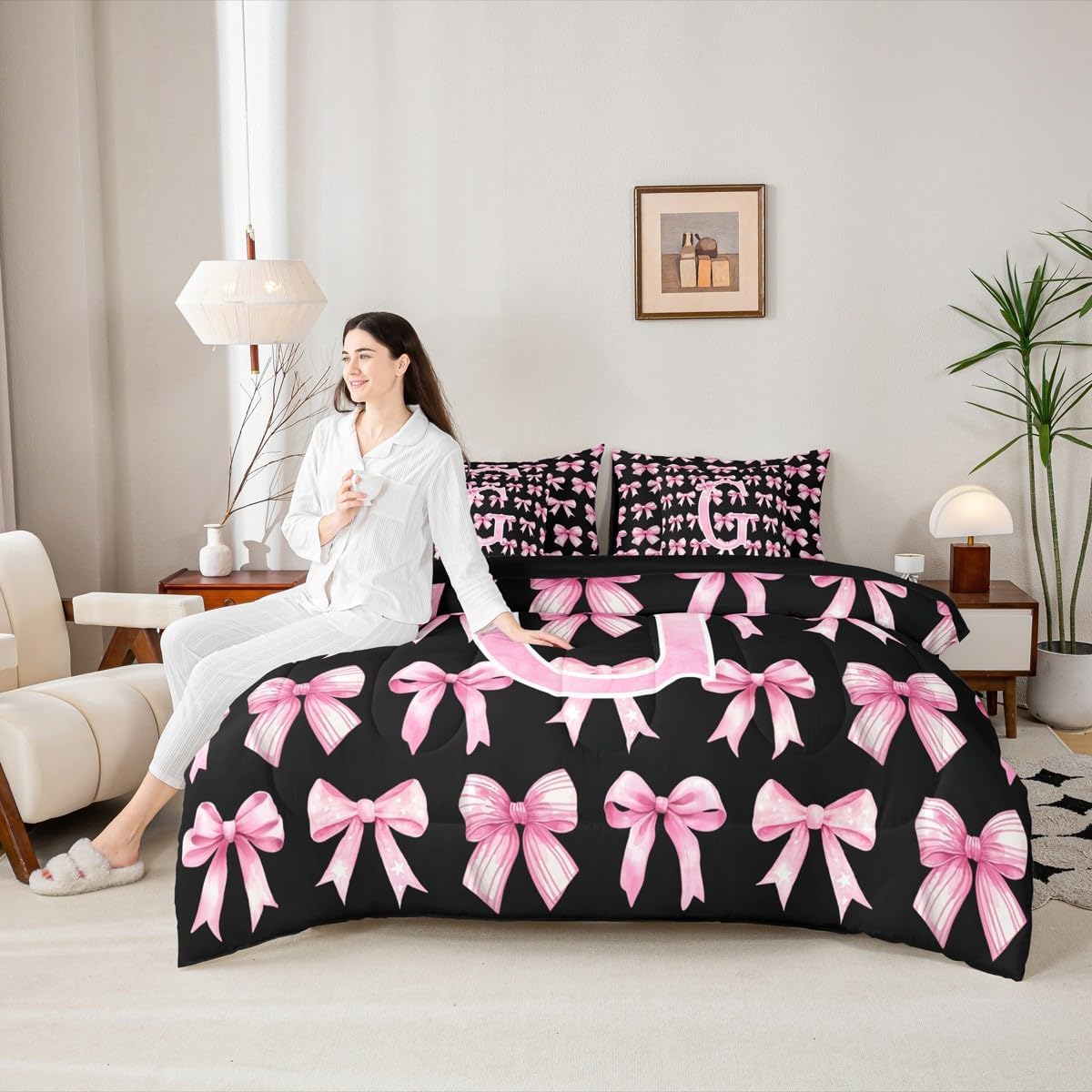 Erosebridal Initial Letter G Birthday Gifts Coquette Bow Bed in a Bag Twin Size Cute Preppy Pink and Black Bow 7 Piece Bedding Set 3D Alphabet Aesthetic Preppy Bowknot Comforter Set with Sheets(G) - Image 4