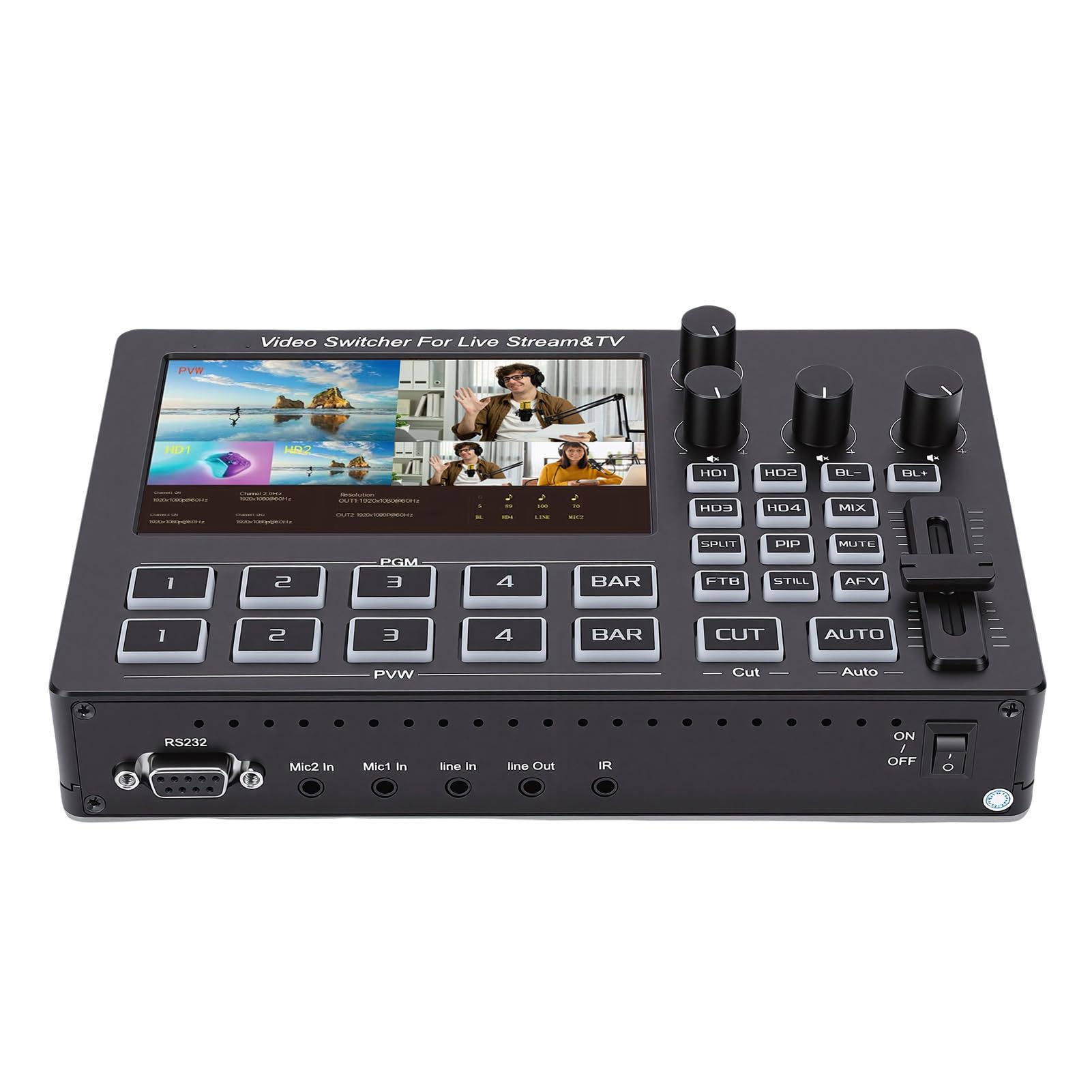 CCYLEZ 1080p Videomischer, 5 Zoll Bildschirm, 4-Kanal HD Multimedia Schnittstelle, Live Stream Mischer mit Mehrfachansicht und PTZ Steuerung für Multi Kamera Streaming