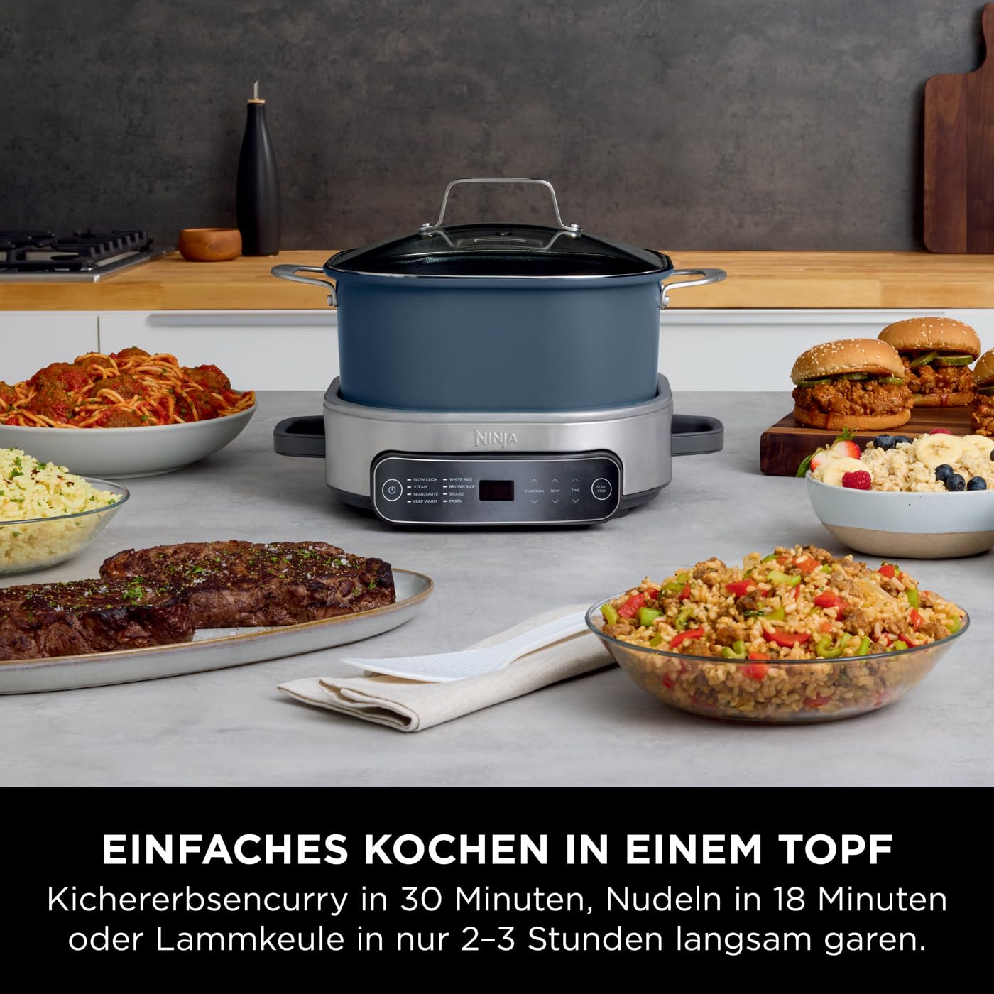 Ninja Foodi PossibleCooker, 6L Digitaler Multikocher & Schongarer mit Topf, und Reiskocher, vielseitige 8-in-1-Funktionen, Dampfeinsatz, Löffel &Glasdeckel, Anbraten, Backen, nachtblau, MC1101EU