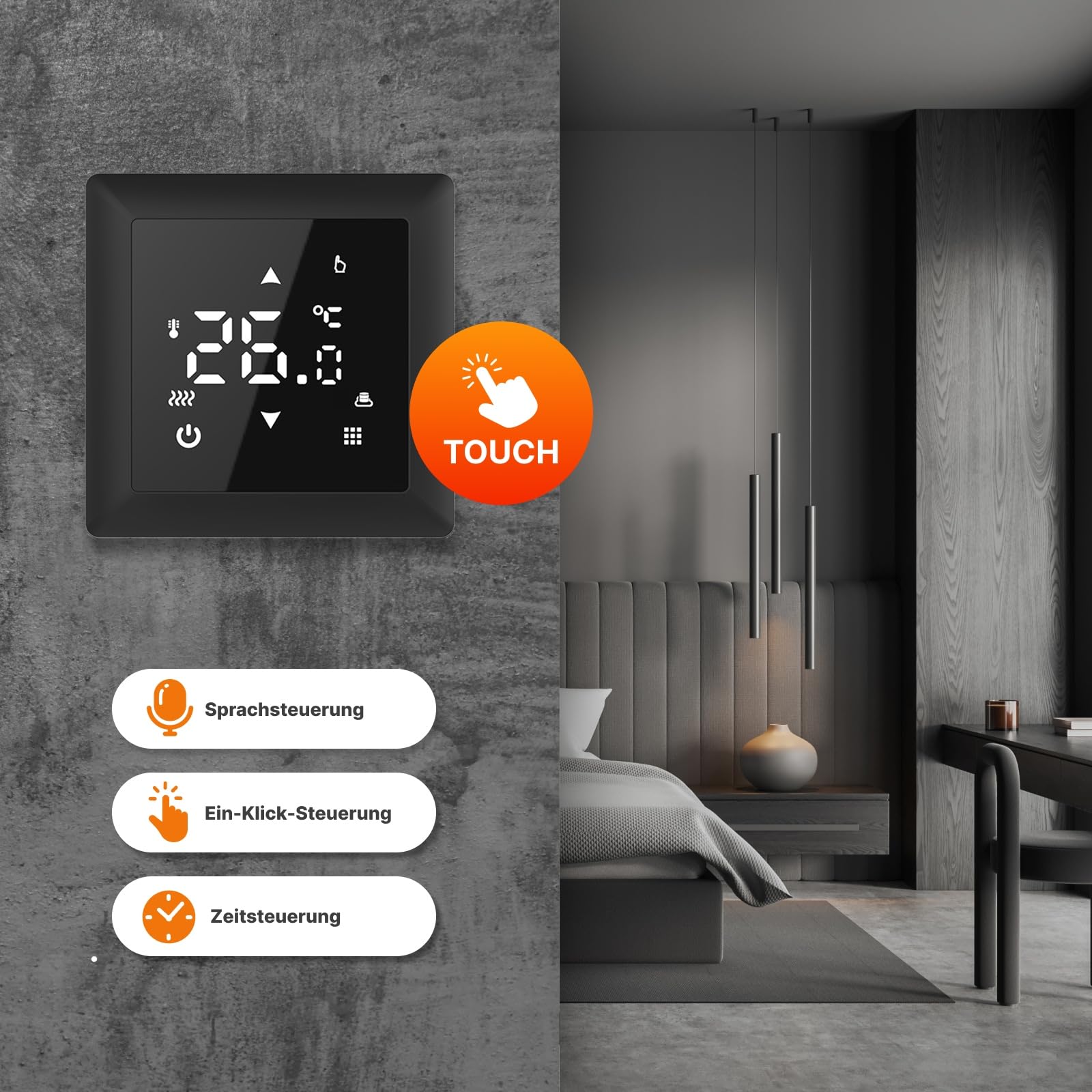 Calefacción eléctrica por suelo radiante para azulejos: Estera calefactora de dos núcleos WARMON Classic 150 W/m² con termostato TS 100 Serie Smart WiFi Touch, termostato: TS100 Non WiFi negro, tamaño