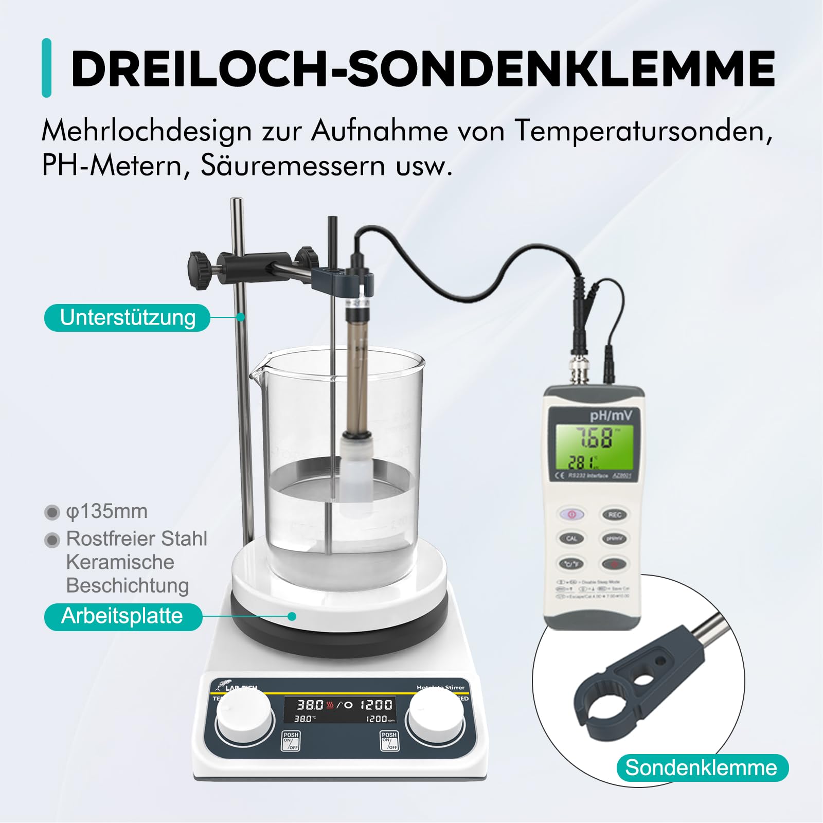 LAB FISH Agitatore Magnetico con Piastra Riscaldante, 280°C, Piastra in Acciaio Inossidabile e Ceramica da 5 Pollici, 200-1500 rpm, 3L, Include Sonda Temperatura Esterna e Ancoretta