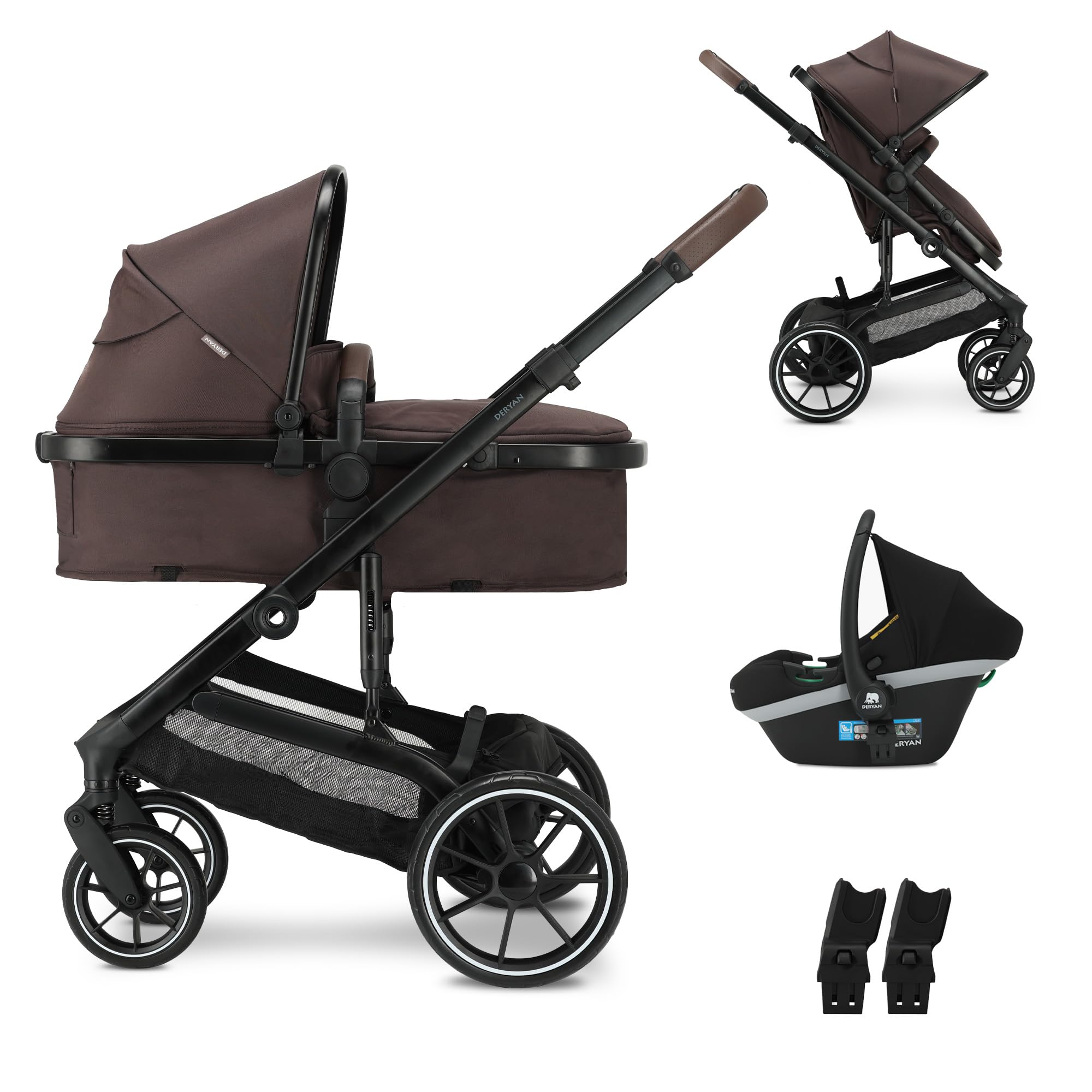 Deryan NOA - Cochecito 3 en 1 con asiento de coche I-Size, sistema de viaje, cochecito de bebé, cochecito plegable, para recién nacidos hasta 4 años (Chocolate)