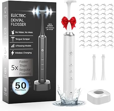 Voraiya Electric Flosser for Teeth 50 Replacement Heads, 3-in-1 Wireless Charging Electric Dental Flosser, Dentist Recommended Rechargeable Reusable Magic Flosser for Travel & Adults