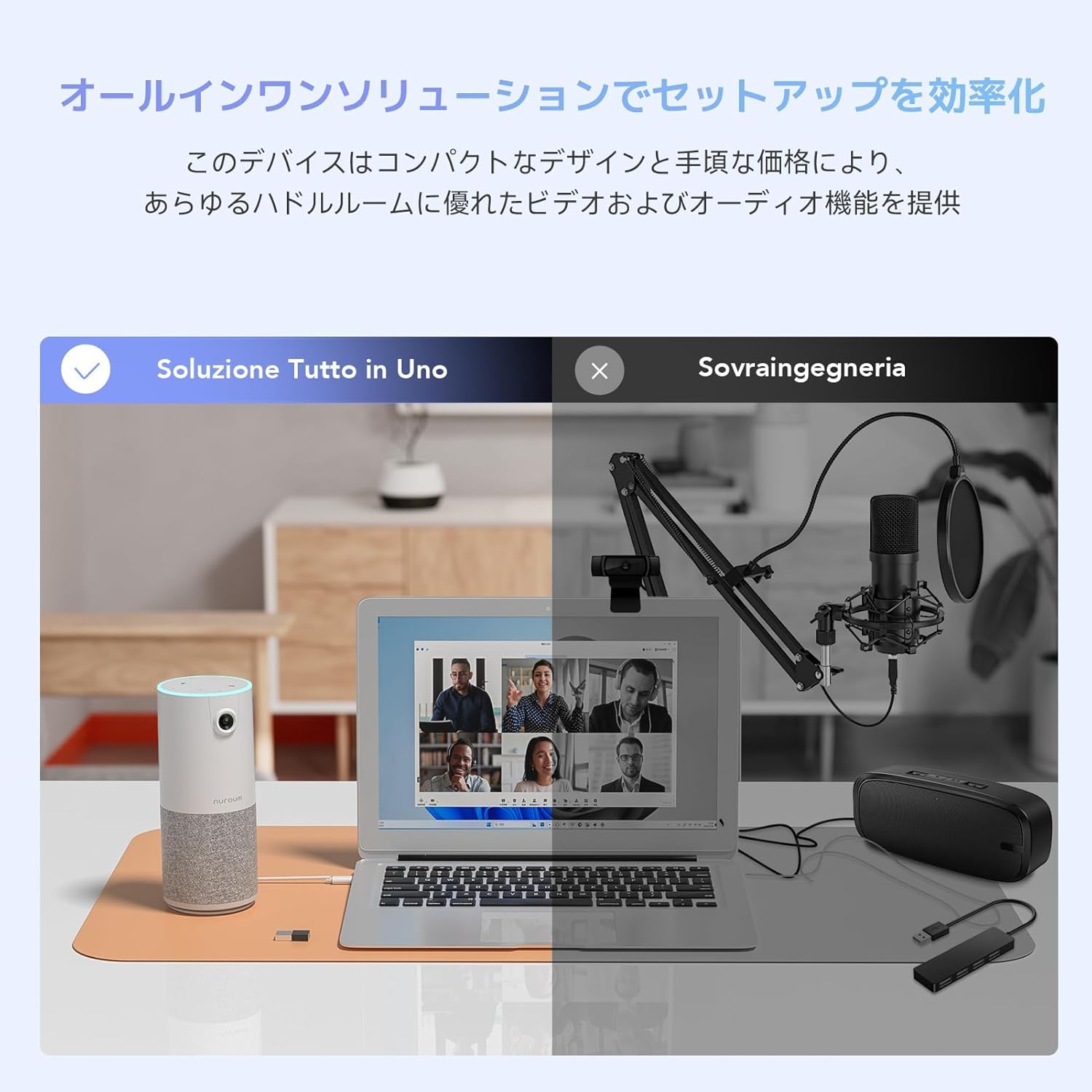 Nuroum C10 connected to a laptop via USB cable, displaying a video conference on the screen.