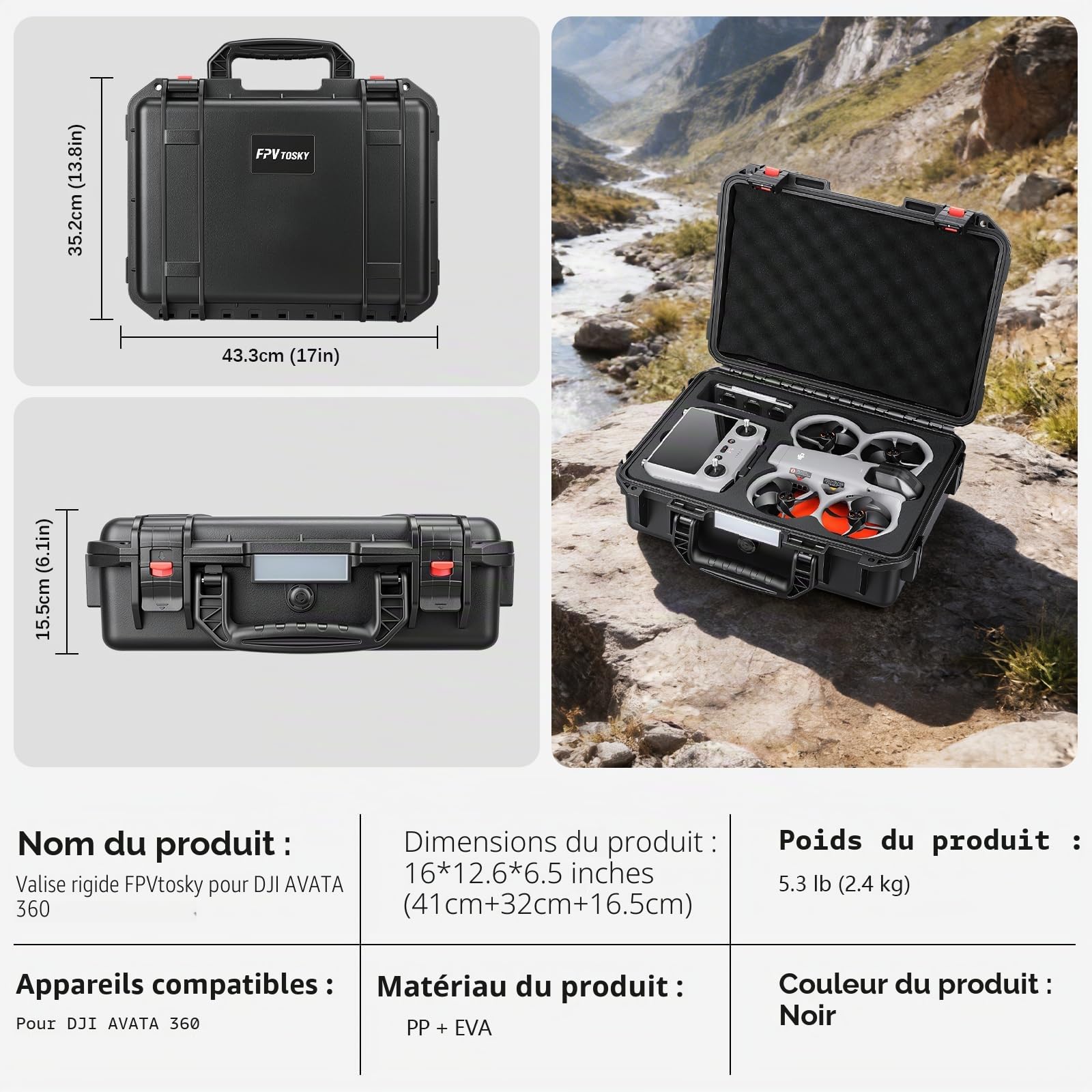 FPVtosky Valise Rigide pour DJI Avata 360 & RC 2 – IP67 Étanche, avec Place pour Tapis d'Atterrissage, Station de Charge Accessoires [UNIQUEMENT LA VALISE]