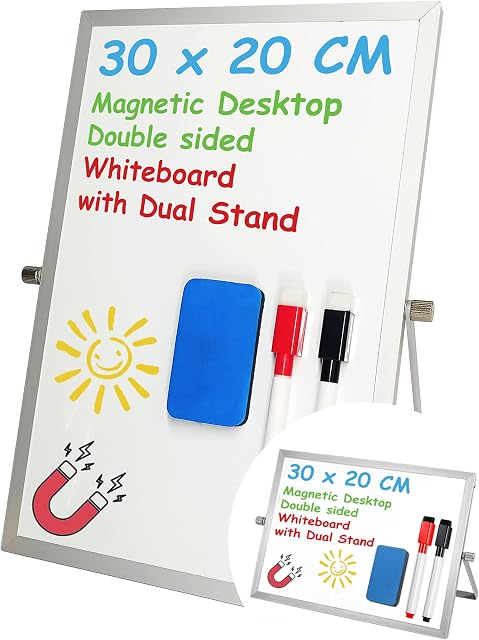 Small whiteboard A4 30x20 cm, 2 Extra Stands Magnetic Whiteboard Portable Mini Whiteboard Double Sided Dry Erase Board, Duster & 2 Stands Kids White Board and Pen for Drawing in School, Home, Office