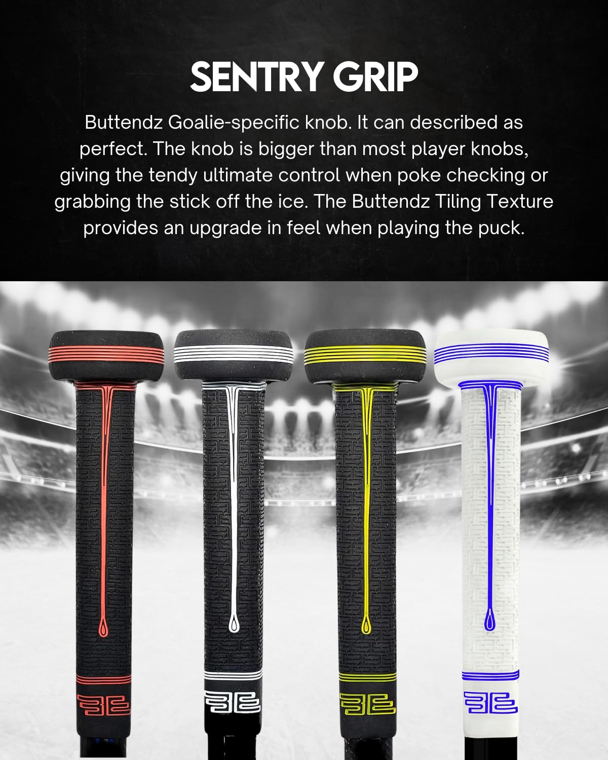 Buttendz Sentry Empuñadura de Repuesto Palo Hockey Portero Control Precisión Perilla Sobredimensionada Textura Mejorada Negra Amarilla