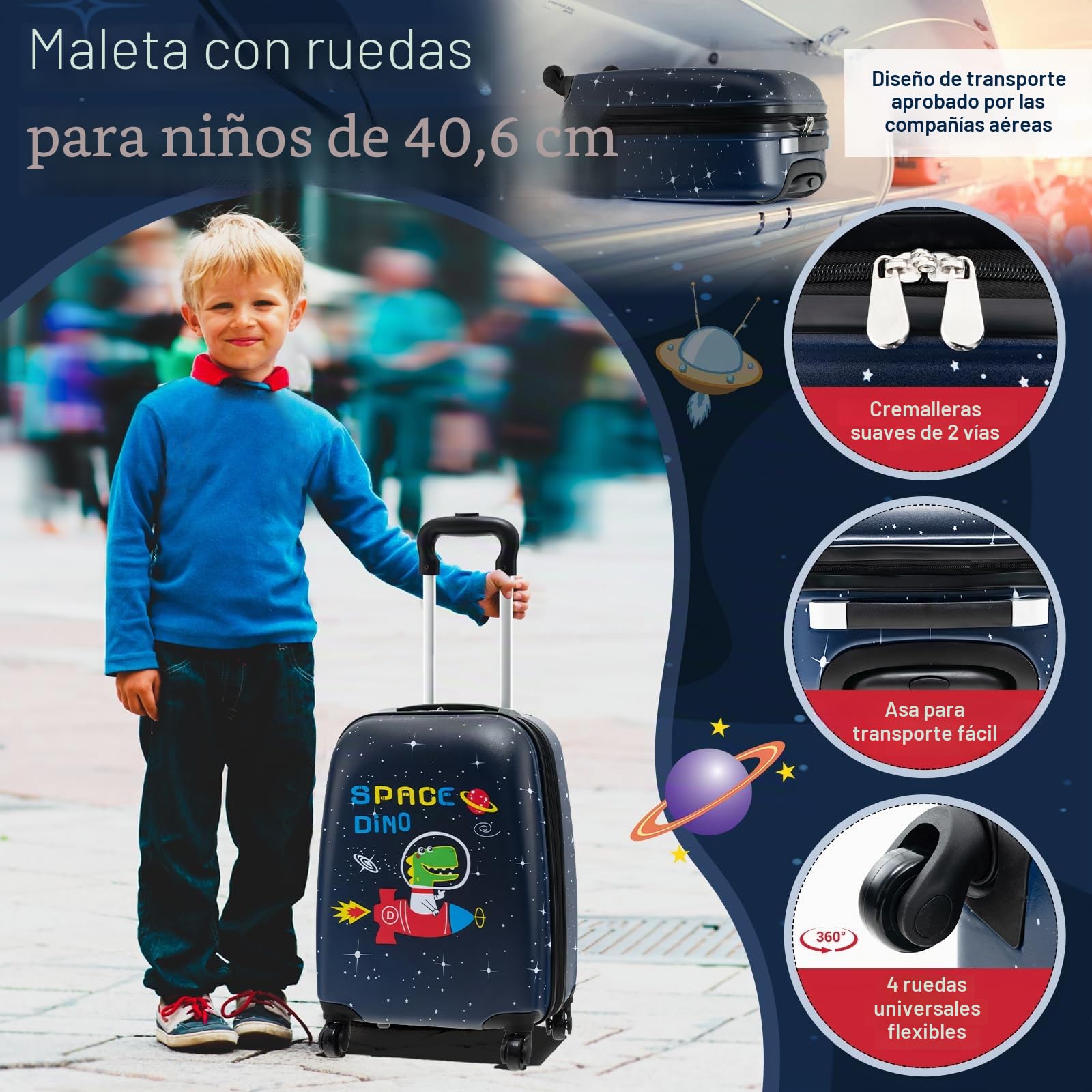 RELAX4LIFE Juego de Maleta para Niños de 5 Piezas con Maleta de Mano 38 cm, Mochila de 33 cm, Cojín para el Cuello, Bolsa de Almuerzo Aislada, Etiqueta, Maleta con Ruedas Rígidas, Negro