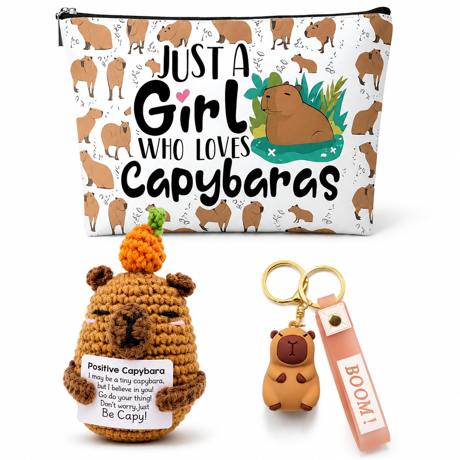 BeoTnp 3pcs Capybara Gifts, Capybara Gifts for Girls, Positive Capybara Plush with Makeup Bag and Keychain, for Daily Use And Travel, Ideal for Animal Lover Collection, Birthday, Holiday, Party Gifts