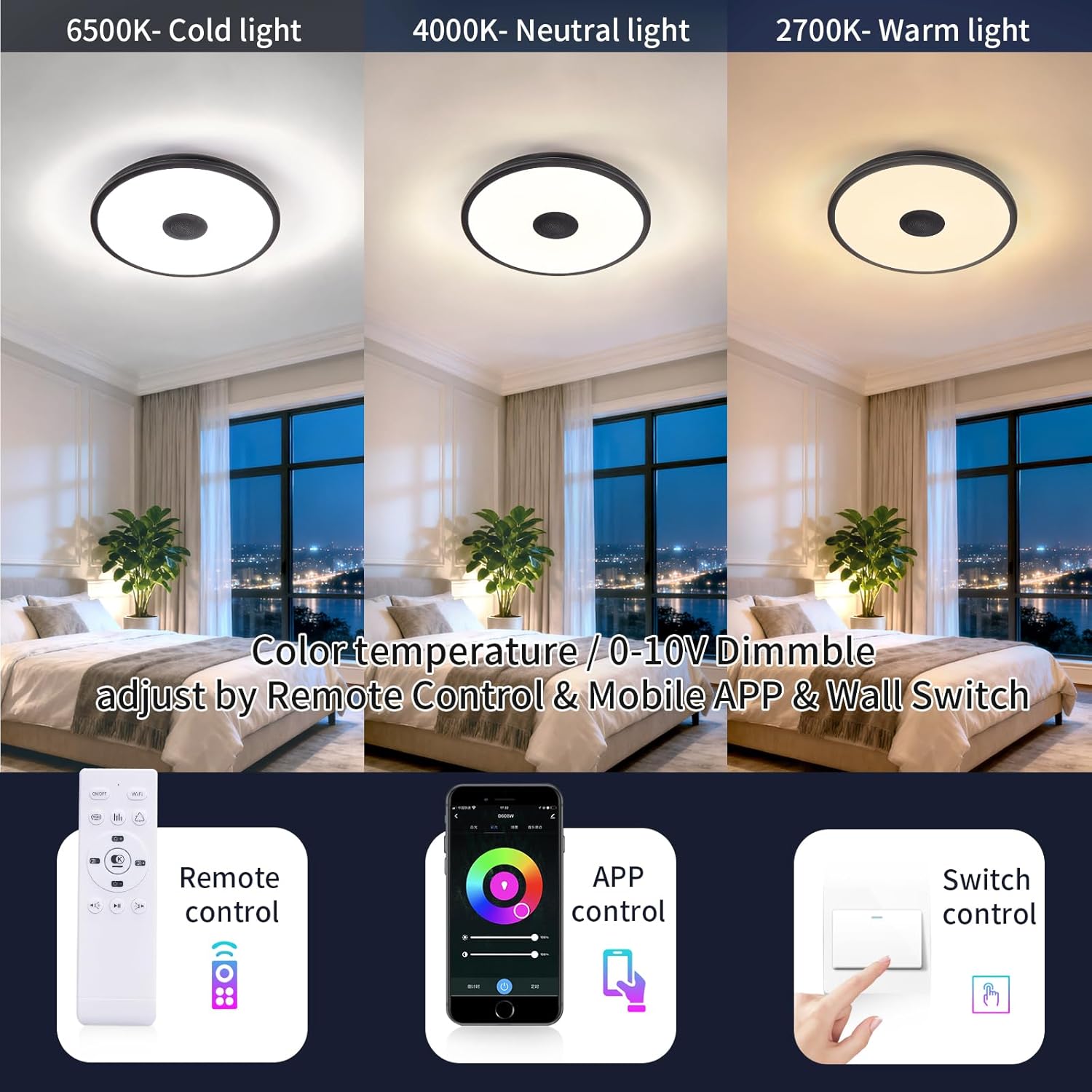 Black Smart Waterproof LED Flush Mount Ceiling Light Fixture,18W,with Bluetooth Speaker,RGB Color Changing Function-Dimmable Lamp,Tuya Application Control-Compatible with Alexa Google Home