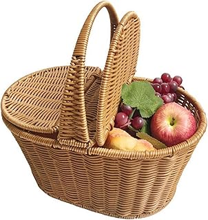 RENJIANFENG Panier de Pique-Nique Ovale avec poignée et Couvercle, Panier de Jardin en rotin PE de qualité Alimentaire 100% fabriqué à la Main pour Le Mariage de randonnée en Camping