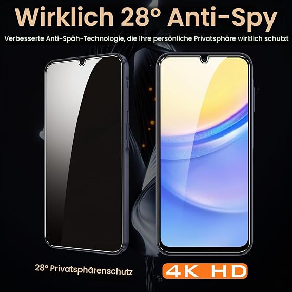 Pack of 3 for Samsung Galaxy A15 for Tempered Glass Privacy Screen and 3 Pieces Camera Protection 28° Anti-Spy Anti Fingerprint Bubble-Free 9H Full Screen Screen Protector