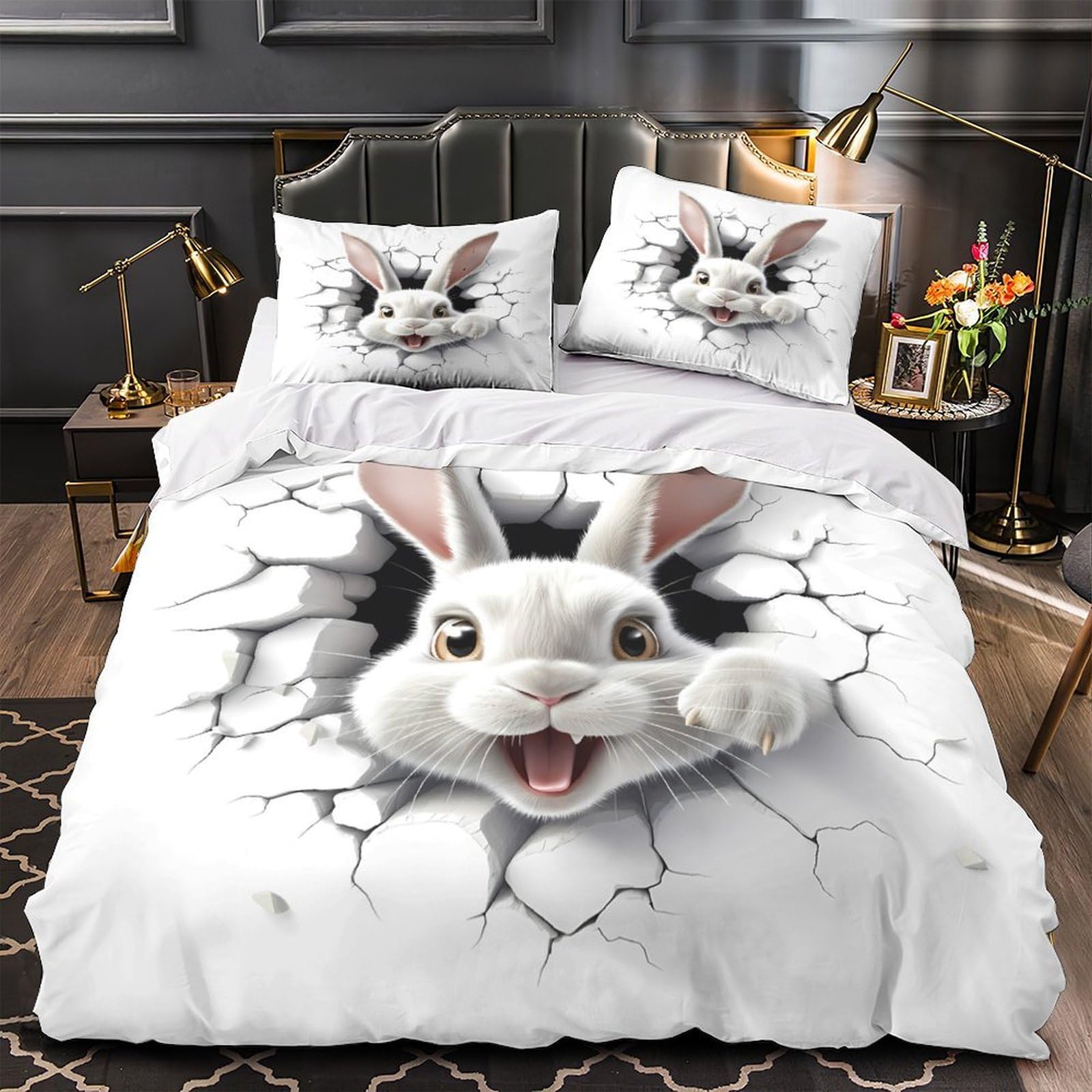 Parure de lit Lapin de Pâques pour chambre d'enfant look dessin animé mignon et douillet