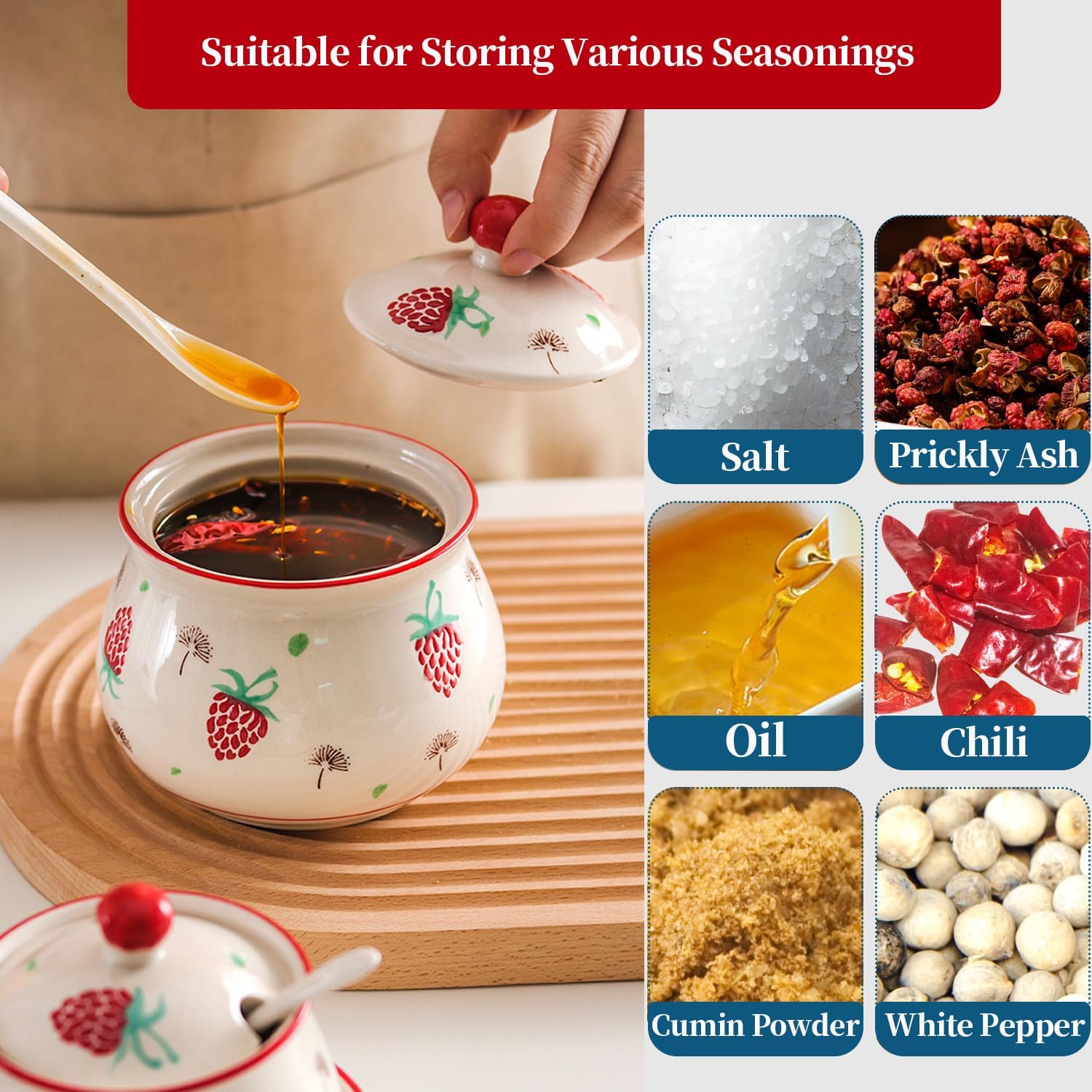 Kitchen Ceramic Condiment Jars with Lids and Spoons, 3 Piece Kitchen Ceramic Seasoning Jar Set for Salt Spice Suger Pepper, Sugar Coffee Tea Container Pot with Serving Tray - Red Strawberry