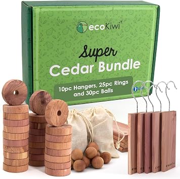 ecoKiwi Cedar Blocks for Clothes Storage Super Bundle Box - Cedar Hangers x10, Balls x30 & Rings x28-100% Natural Oil Planks & Chips for Closets & Drawers - Aromatic Red Cedar Wood with Sandpaper