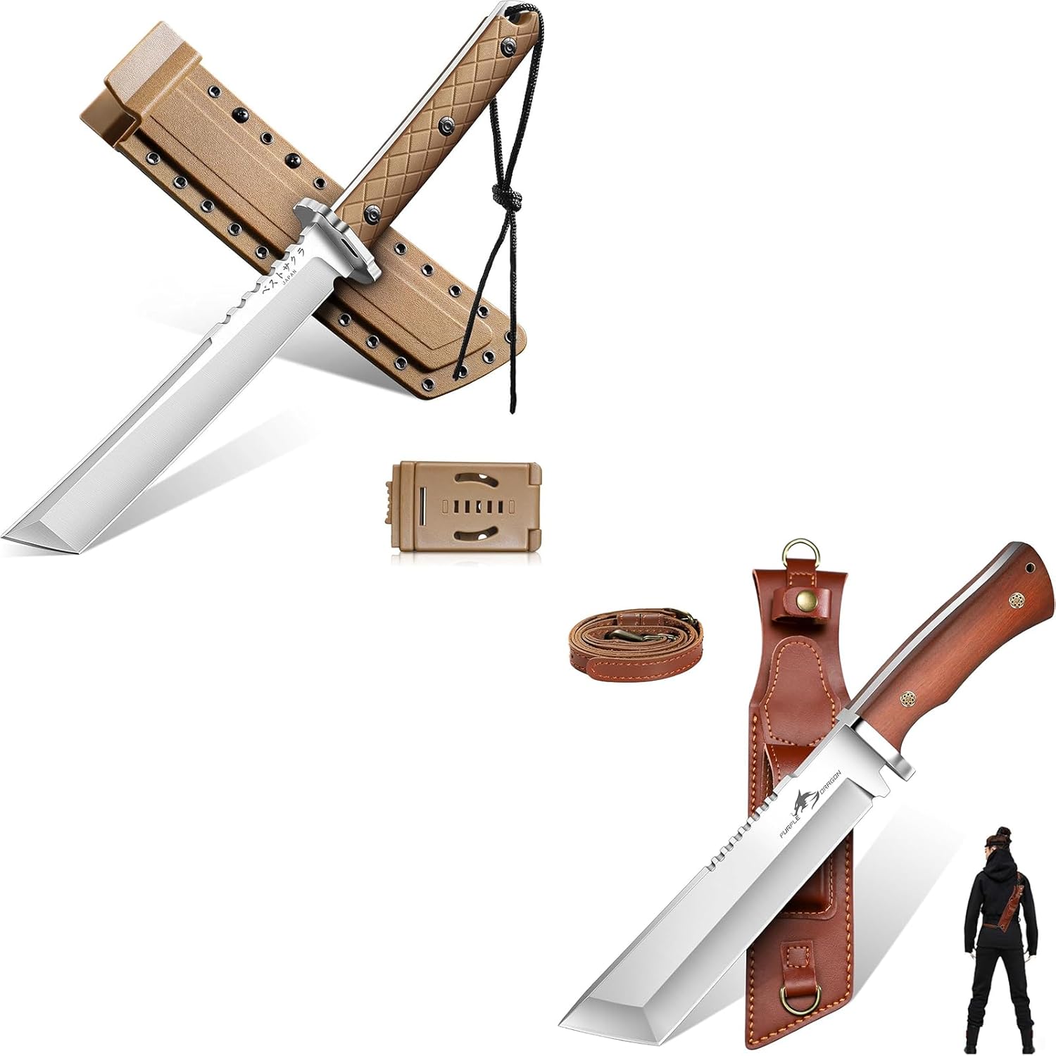 Purple Dragon Japanese Tanto Knife - D2 Steel Fixed Blade Knife with Sheath