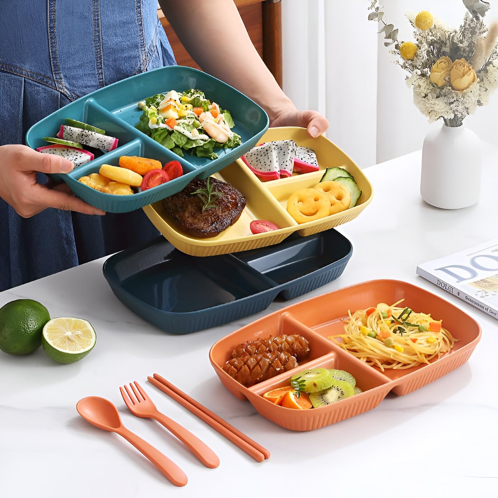 Amillee Wheat Straw Rectangular Divided Plates for Healthy Eating, 3 Sections Dinner Plates for Adults, Kids, Campers, and Portion Control, Microwave and Dishwasher Safe Dish (Pack of 2, Yellow) 3