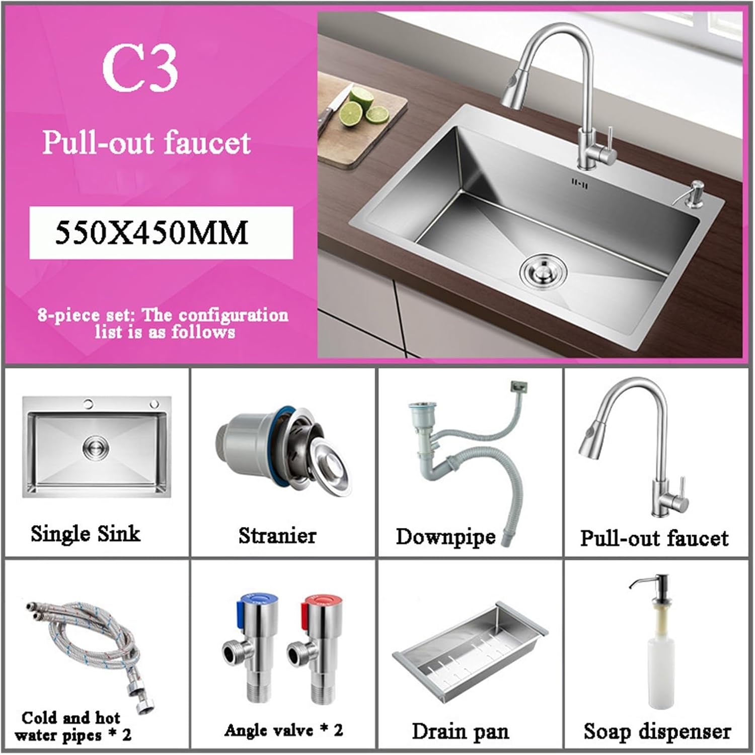 Stainless Steel Kitchen Sink Farmhouse Above Counter Undermounter Single Bowel Wash Basin with Gourmet Faucet Drain Accessories(55X45cm-C3)