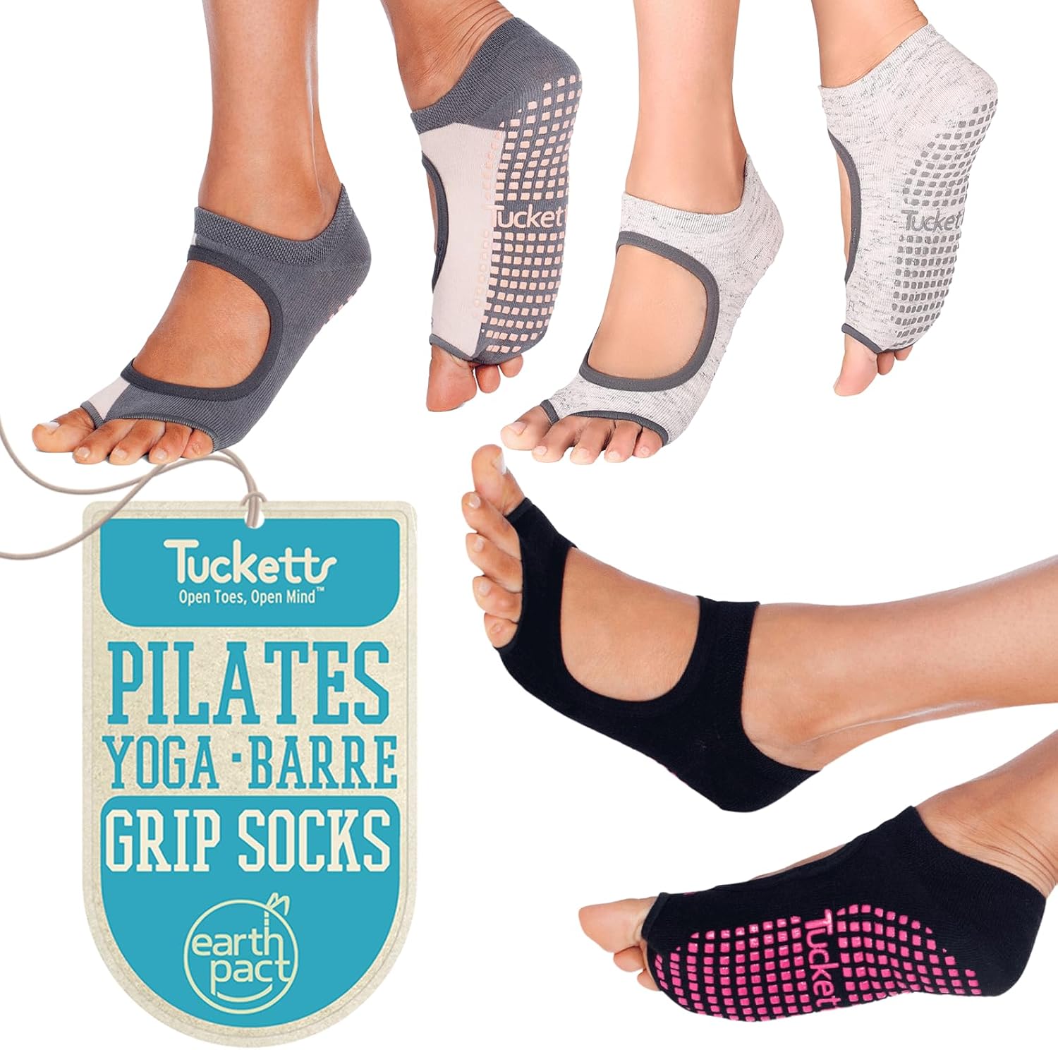 Tucketts Toeless Pilates Socks with Grips for Women, Non-Slip Yoga & Barre Socks for Stability & Barefoot Workouts, Size 6-13