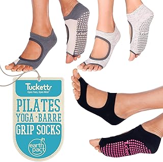 Tucketts Toeless Grip Socks 3 Pack, Open Toe Non Slip Pilates Socks Women | 3 Pairs + Gift Bag, Hold Steady on Reformer, Mat & Barre Floors, Fits Wide Feet & Bunions, 70% Recycled Cotton