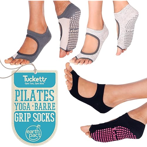 Tucketts Toeless Pilates Socks with Grips for Women, Non-Slip Yoga & Barre Socks for Stability & Barefoot Workouts, Size 6-13
