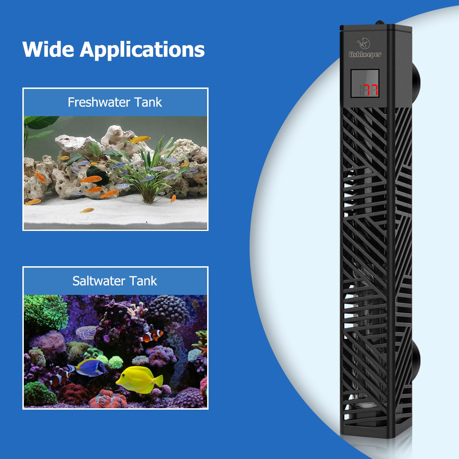 fishkeeper Chauffage d'aquarium submersible réglable de 25 W/50 W/100 W/200 W/300 W pour aquarium d'eau salée et d'eau douce avec affichage numérique LED et protection contre la surchauffe