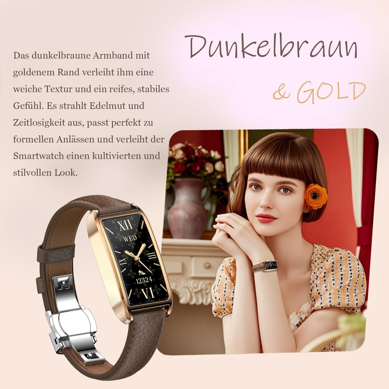 Fitness Tracker da donna, sottile, elegante, di lusso, nero, oro, classico, smartwatch, orologio fitness da donna, orologio da polso, orologio sportivo con quenza cardiaca, contapassi rettangolare