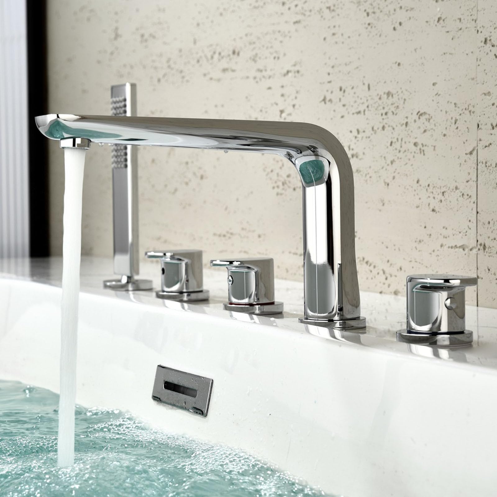 Grifo Bañera 5 Orificios Cromado con Ducha de Mano de Latón